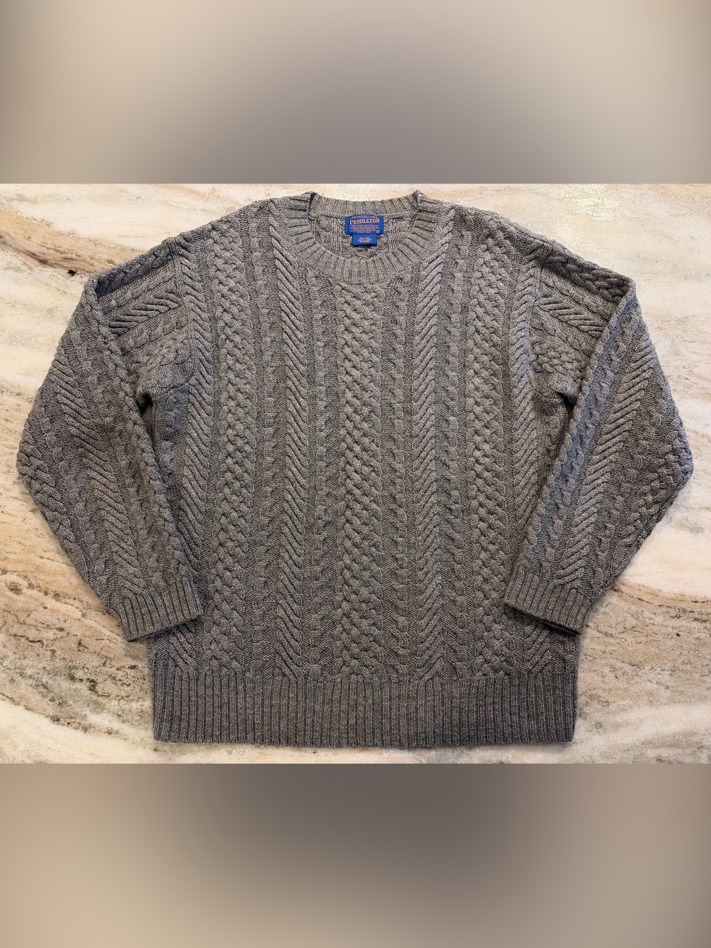 Pendleton 100% Virgin Wool Fisherman Cable Knit Crewneck Sweater Grey Mens Large